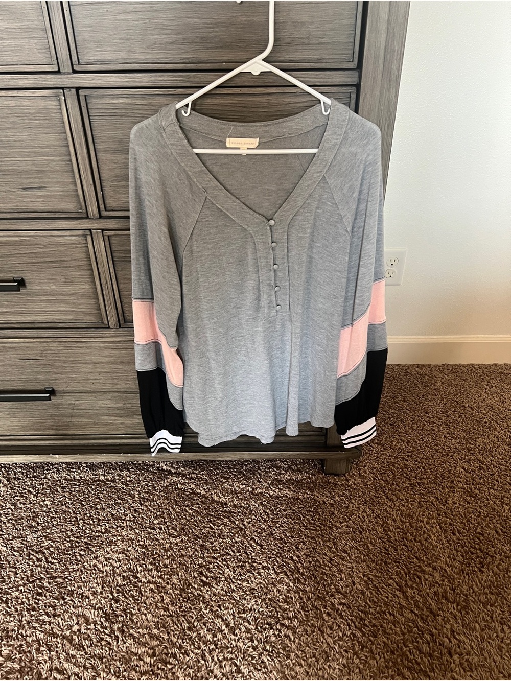 Gilded Intent Gray Long-Sleeve Henley with Pink and Black Sleeves